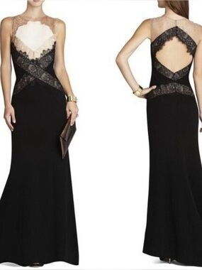NWOT BCBGMaxAzria Black and Cream Lace-Accent Evening Gown- Size 10